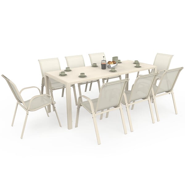 ID MARKET - Salon de jardin MADRID table 190 cm et 8 chaises empilables beige - large
