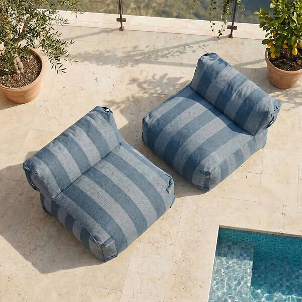 OVIALA - Salon de jardin modulable avec 2 chauffeuses rayées bleu pacific - Mixi - large