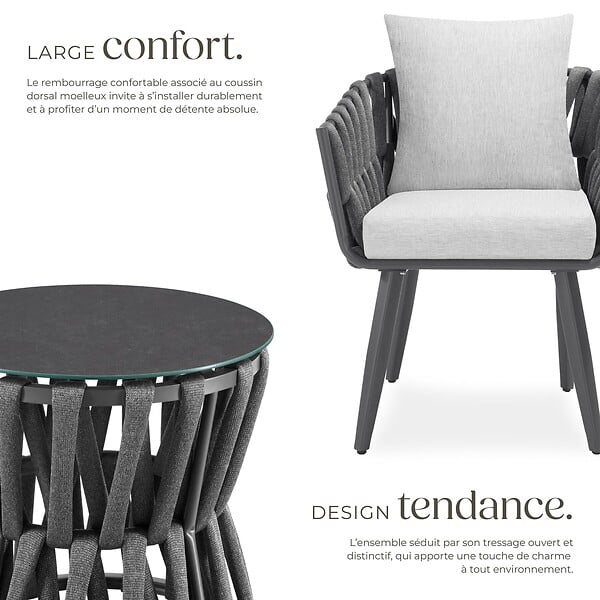 TECTAKE - Ensemble salon de jardin Lugano anthracite table chaise aluminium résine tressée coussins épais mobilier terrasse extérieur design cordé - large