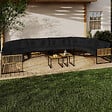 ID MARKET - Salon de jardin bas RIO 12 places salon d'angle structure métal noir et cordage effet rotin avec coussins noirs - vignette