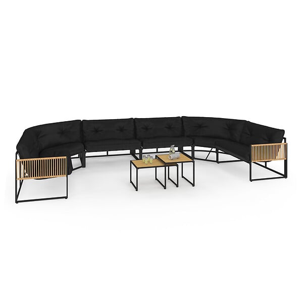 ID MARKET - Salon de jardin bas RIO 12 places salon d'angle structure métal noir et cordage effet rotin avec coussins noirs - large
