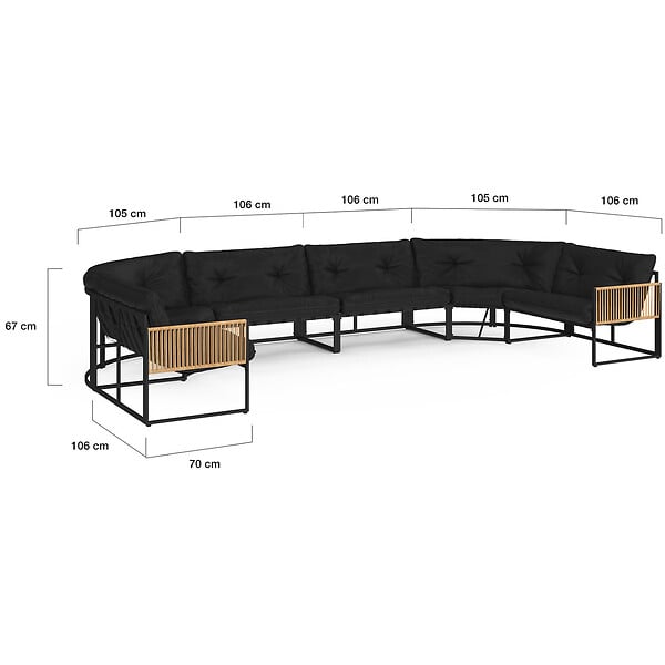 ID MARKET - Salon de jardin bas RIO 12 places salon d'angle structure métal noir et cordage effet rotin avec coussins noirs - large