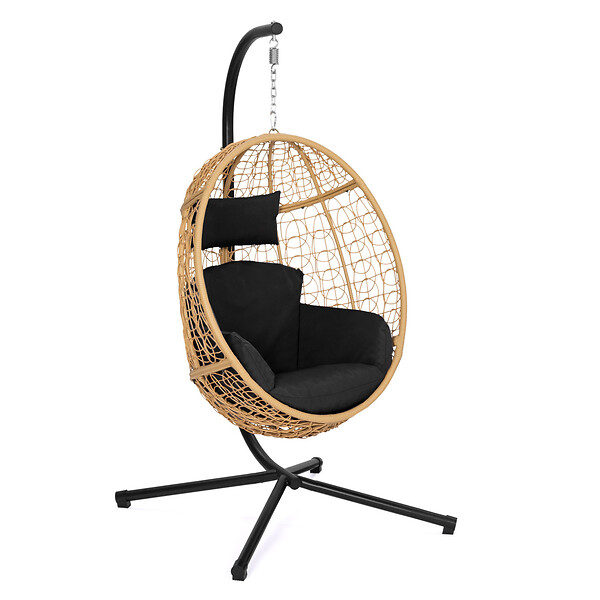 ID MARKET - Fauteuil oeuf suspendu ajouré effet rotin avec coussin noir - large