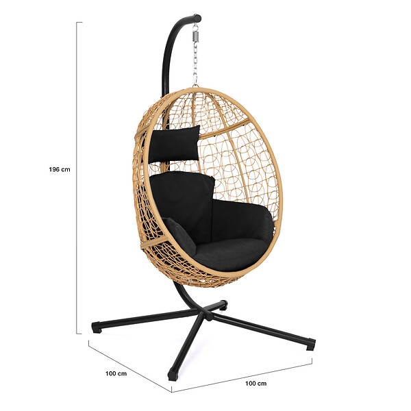 ID MARKET - Fauteuil oeuf suspendu ajouré effet rotin avec coussin noir - large
