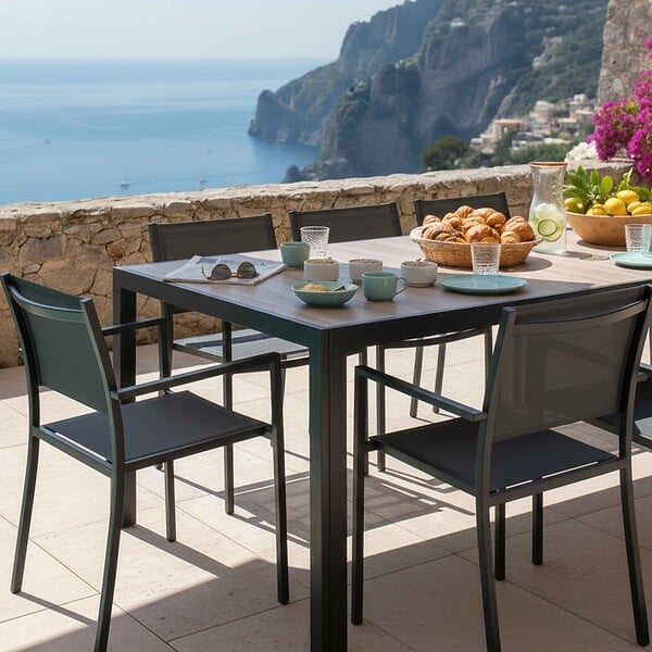 OVIALA - Ensemble table de jardin en aluminium effet bois et 8 fauteuils gris - Tivoli - large