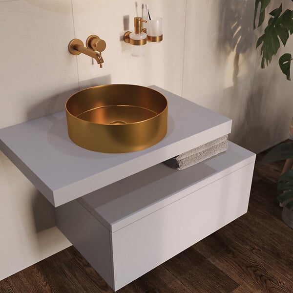 SWISS AQUA TECHNOLOGIES - Swiss Aqua Technologies Vasque à poser 38 x 38 x 11 cm Aurum doré brossé en acier inoxydable avec bonde incluse sans trop-plein (SATAUR3838BG) - large