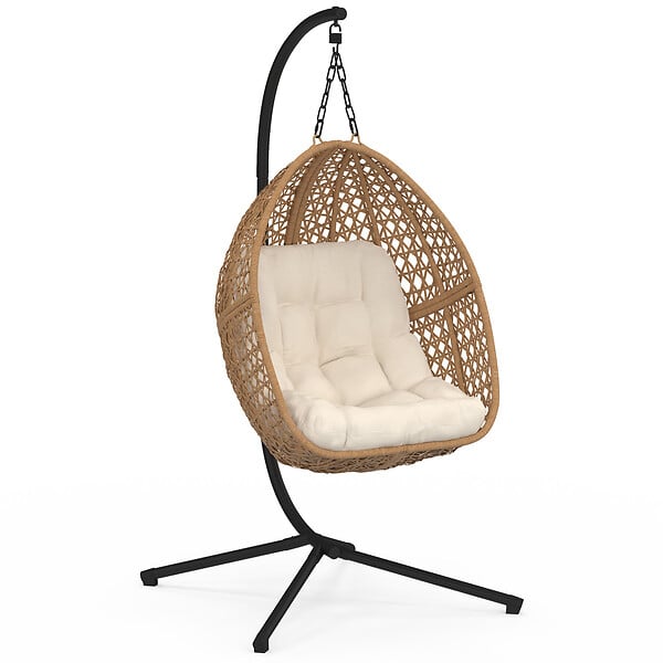 ID MARKET - Fauteuil lune suspendu ajouré effet rotin avec coussin écru - large