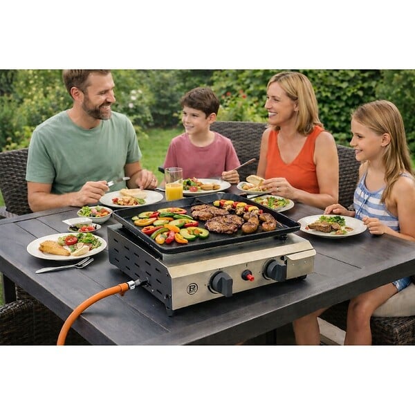 INTEC - Plancha à gaz 4800W modulable 3 Hauteurs 2 Bruleurs Allumage Piezo - Plaque de cuisson Céramique 42x36cm INTEC - large