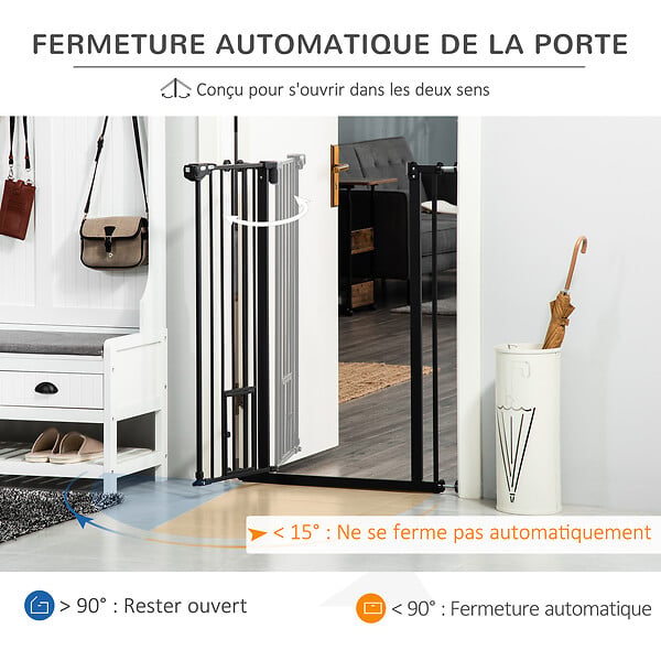 PAWHUT - Barrière de sécurité animaux - longueur réglable dim. 74-80 cm - porte double verrouillage, ouverture double sens, petite porte -sans perçage - acier plastique noir - large