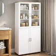 ID MARKET - Meuble armoire colonne salle de bain VITO 4 portes dont 2 vitrées blanc et bois - vignette