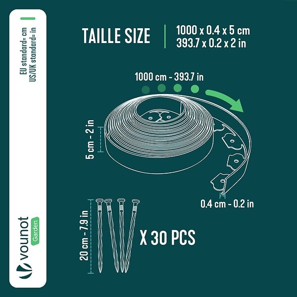 VOUNOT - Bordure de jardin plastique flexible 10m avec piquets gris - large