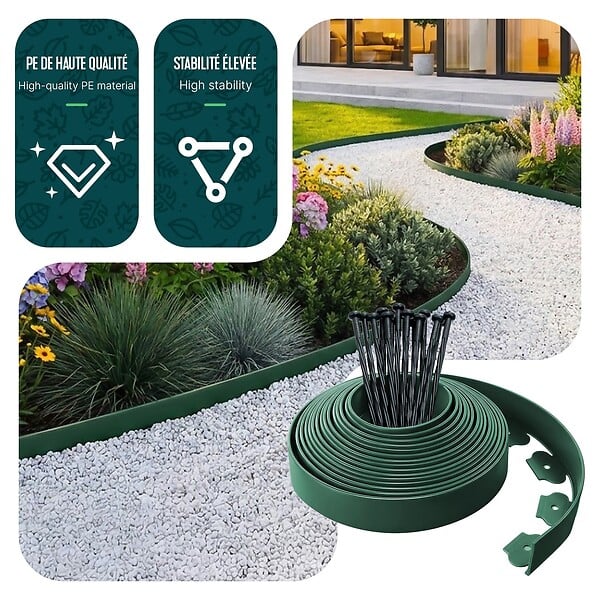 VOUNOT - Bordure de jardin plastique flexible 20m avec piquets vert - large