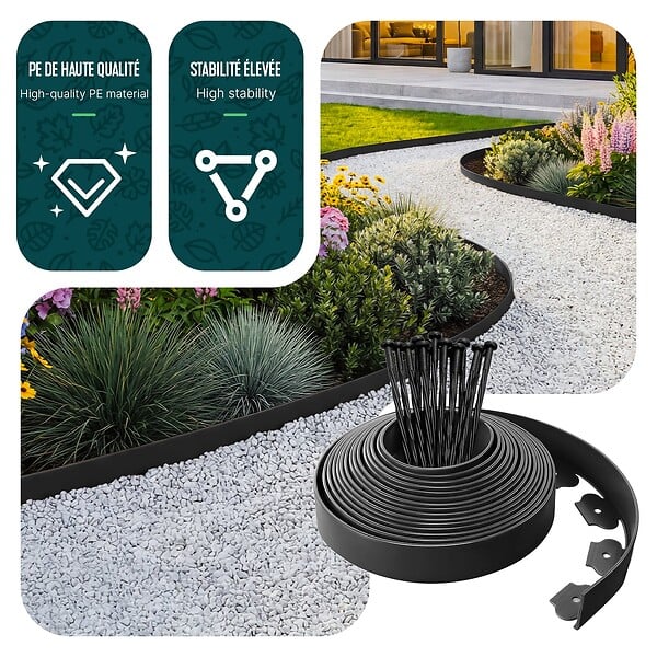 VOUNOT - Bordure de jardin plastique flexible 20m avec piquets noir - large