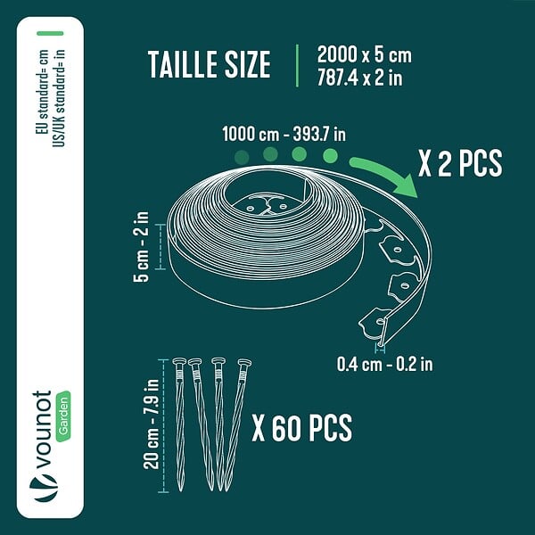 VOUNOT - Bordure de jardin plastique flexible 20m avec piquets gris - large