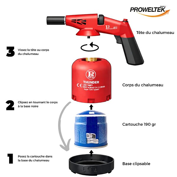 PROWELTEK - Lampe à souder à gaz 1760W Utilisation à 360°- Chalumeau à gaz avec Allumage électronique à batterie - Cartouches gaz 190g - large