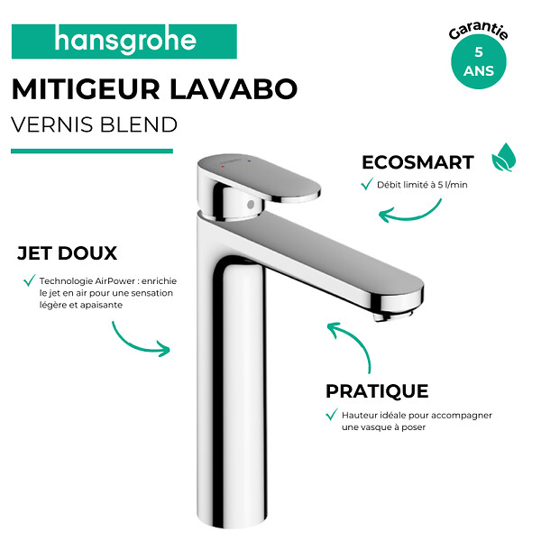 HANSGROHE - Mitigeur lavabo Vernis Blend 190 avec tirette et vidage synthétique Chromé + nettoyant Briochin - large
