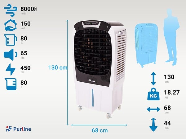 PURLINE - Rafraichisseur d'air par évaporation à débit élevé avec télécommande et roues - large