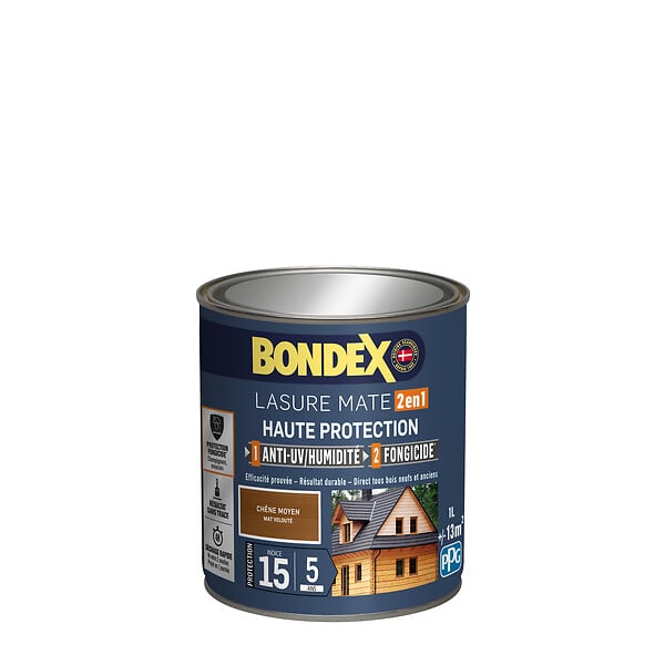 BONDEX - Lasure 2en1 traitement et protection bois - Chêne moyen - 1L - large