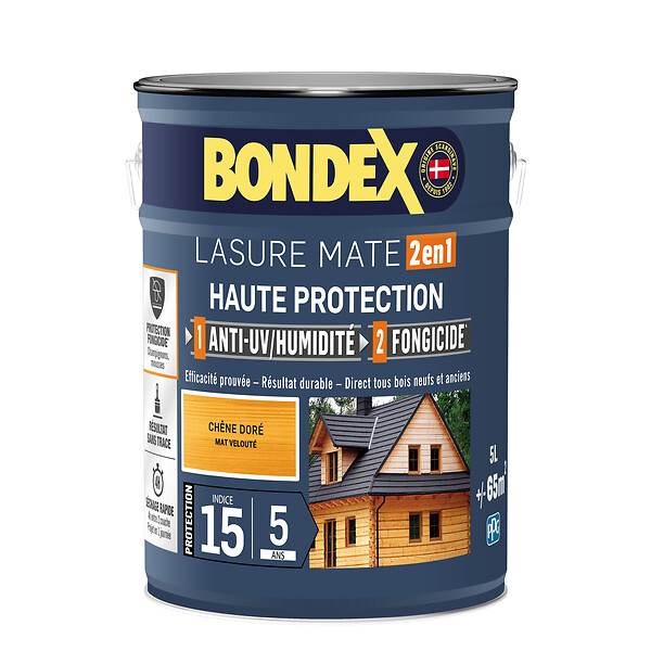 BONDEX - Lasure bois extérieur 2en1 5ans - Chêne Doré Satiné - 5L - large