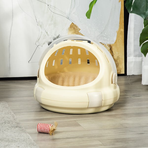 PAWHUT - Maison chat - niche chat portable avec poignée - sac de transport chat verrouillable - coussin amovible inclus - dim. Ø 41 x 35,2H cm - PP beige - large