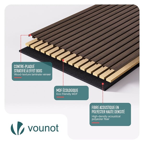 VOUNOT - Lot de 4 panneaux acoustiques muraux Tasseaux en bois MDF avec feutre noir 120x60x2.1cm chêne foncé - large