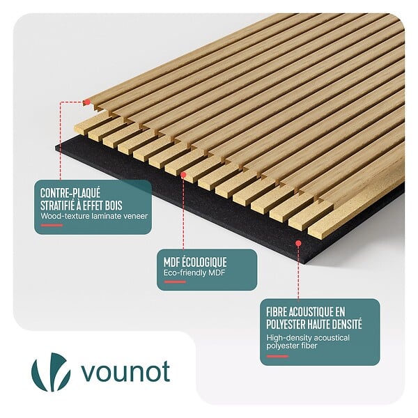 VOUNOT - Lot de 4 panneaux acoustiques muraux Tasseaux en bois MDF avec feutre noir 120x60x2.1cm chene clair - large