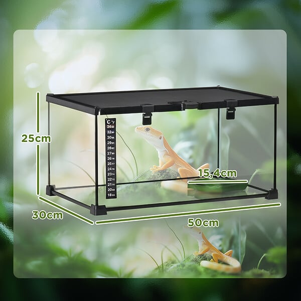 PAWHUT - Terrarium en verre - vivarium reptiles & batraciens - habitat tortue - couvercle grillagé coulissant verrouillable - distributeur eau, thermomètre inclus - métal noir verre - large