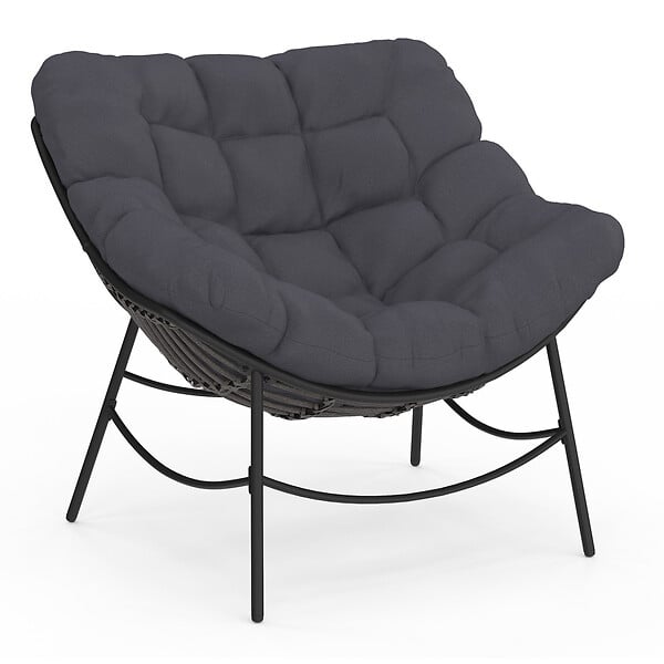 ID MARKET - Fauteuil de jardin relax LOA effet rotin gris et coussin gris - large