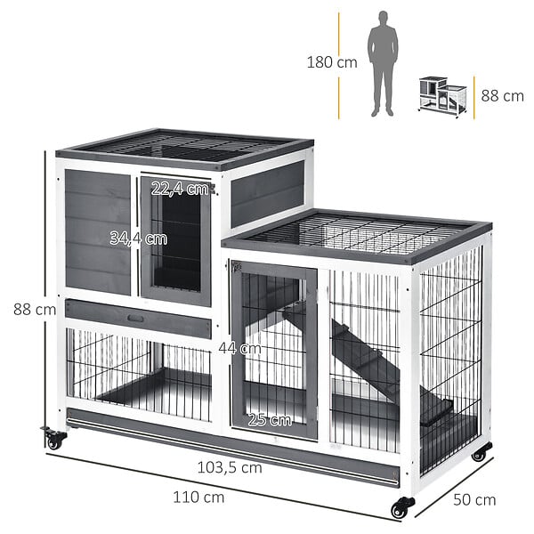 PAWHUT - Clapier à lapin sur roulettes cage à lapin 2 étages 2 portes verrouillables 2 plateaux coulissants rampe bois de sapin gris blanc - large