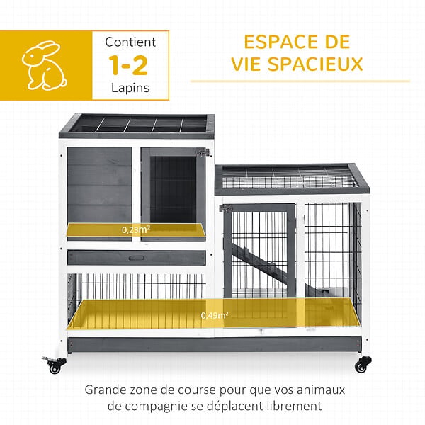 PAWHUT - Clapier à lapin sur roulettes cage à lapin 2 étages 2 portes verrouillables 2 plateaux coulissants rampe bois de sapin gris blanc - large