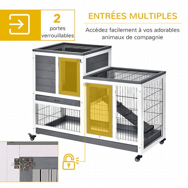 PAWHUT - Clapier à lapin sur roulettes cage à lapin 2 étages 2 portes verrouillables 2 plateaux coulissants rampe bois de sapin gris blanc - large