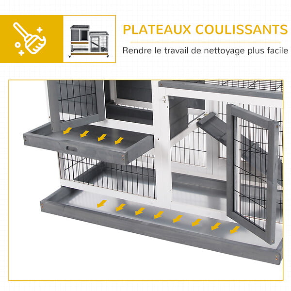 PAWHUT - Clapier à lapin sur roulettes cage à lapin 2 étages 2 portes verrouillables 2 plateaux coulissants rampe bois de sapin gris blanc - large
