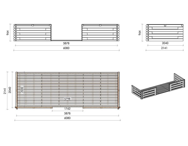 ALTANKA - Abri de jardin en bois - 6x6 m + terrasse avec balustrade et avant-toit en bois - 48 m2 - DOM749+DOM553+DOM555+POD04 - large