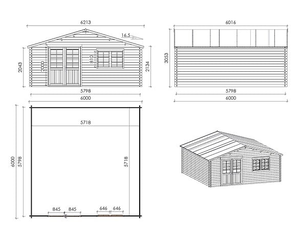 ALTANKA - Abri de jardin en bois - 6x6 m + terrasse avec balustrade et avant-toit en bois - 54 m2 - DOM749+DOM556+DOM558+POD04 - large