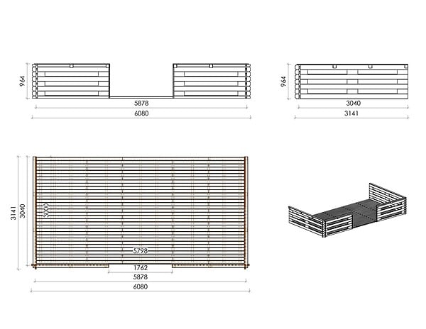 ALTANKA - Abri de jardin en bois - 6x6 m + terrasse avec balustrade et avant-toit en bois - 54 m2 - DOM749+DOM556+DOM558+POD04 - large