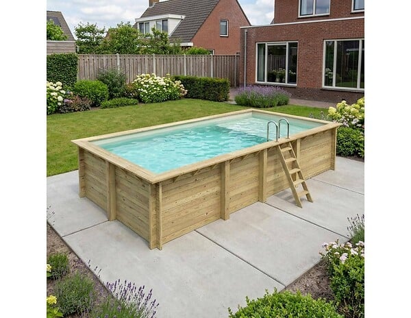 ALTANKA - Piscine hors sol en bois AQUA 7 x 3.75 - H.1.45 m avec plage, sable, cadre en métal - sans dalle - BAS7308OSPU3+PLA308 - large