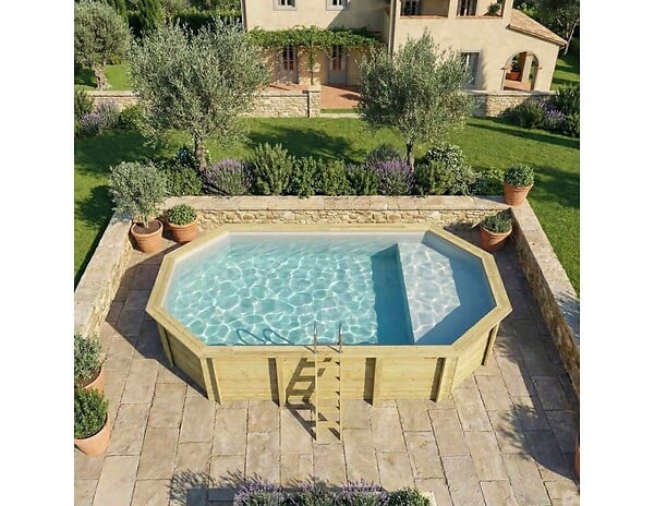 ALTANKA - Piscine hors sol en bois NEMO 7.3 x 3.97 - H.1.45 m avec plage, gris clair, cadre en métal - sans dalle - BAS7305OSPU2+PLA305 - large