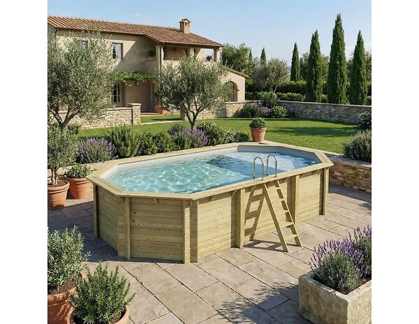 ALTANKA - Piscine hors sol en bois NEMO 7.3 x 3.97 - H.1.45 m avec plage, gris clair, cadre en métal - sans dalle - BAS7305OSPU2+PLA305 - large