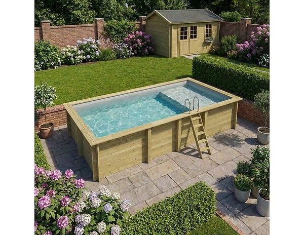 ALTANKA - Piscine hors sol en bois AQUA 7 x 3.75 - H.1.45 m avec plage, gris clair, fixations à sceller - BAS7308OSPI2+PLA308 - large