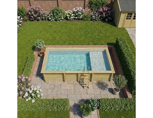 ALTANKA - Piscine hors sol en bois AQUA 7 x 3.75 - H.1.45 m avec plage, gris clair, fixations à sceller - BAS7308OSPI2+PLA308 - large