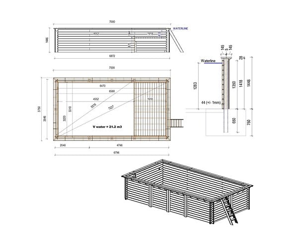 ALTANKA - Piscine hors sol en bois AQUA 7 x 3.75 - H.1.45 m avec plage, gris clair, fixations à sceller - BAS7308OSPI2+PLA308 - large