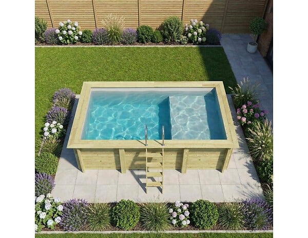 ALTANKA - Piscine hors sol en bois AQUA 4.65 x 2.85 - H.1.24 m avec plage, gris clair, cadre en métal - sans dalle - BAS7306OSPU2+PLA306 - large