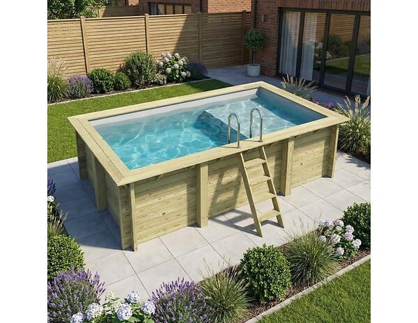 ALTANKA - Piscine hors sol en bois AQUA 4.65 x 2.85 - H.1.24 m avec plage, gris clair, fixations à sceller - BAS7306OSPI2+PLA306 - large