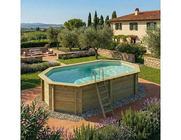 ALTANKA - Piscine hors sol en bois NEMO 5.79 x 3.49 - H.1.45 m avec plage, sable, cadre en métal - sans dalle - BAS7304OSPU3+PLA304 - large