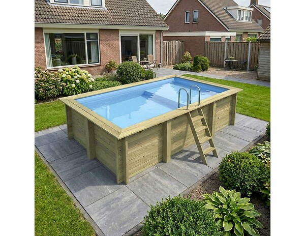 ALTANKA - Piscine hors sol en bois AQUA 4.65 x 2.85 - H.1.24 m avec plage, bleu pâle, cadre en métal - sans dalle - BAS7306OSPU+PLA306 - large