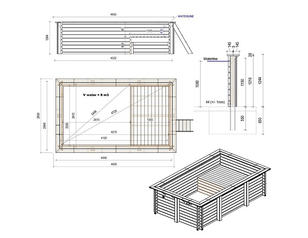 ALTANKA - Piscine hors sol en bois AQUA 4.65 x 2.85 - H.1.24 m avec plage, bleu pâle, cadre en métal - sans dalle - BAS7306OSPU+PLA306 - large