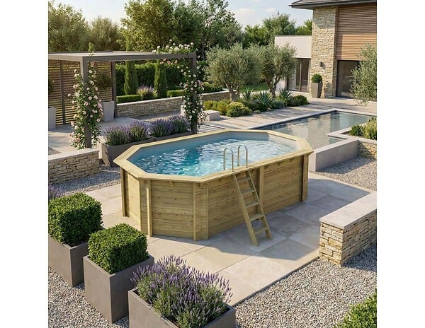 ALTANKA - Piscine hors sol en bois NEMO 5.79 x 3.49 - H.1.45 m avec plage, gris clair, fixations à visser - BAS7304OSPL2+PLA304 - large