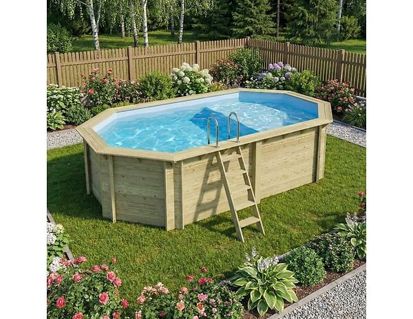 ALTANKA - Piscine hors sol en bois NEMO 5.79 x 3.49 - H.1.45 m avec plage, bleu pâle, cadre en métal - sans dalle - BAS7304OSPU+PLA304 - large