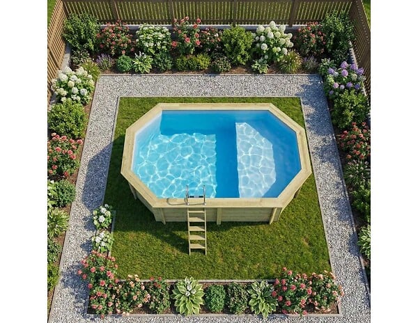 ALTANKA - Piscine hors sol en bois NEMO 5.79 x 3.49 - H.1.45 m avec plage, bleu pâle, cadre en métal - sans dalle - BAS7304OSPU+PLA304 - large