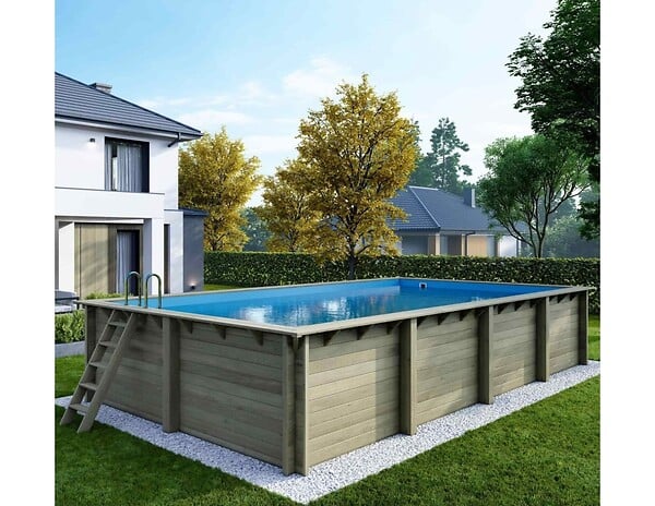ALTANKA - Piscine hors sol en bois AQUA 8.5 x 4.35 - H.1.45 m, bleu pâle, fixations à sceller - BAS7309OSPI - large